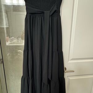 SHEIN Black Smocked Tiered Maxi Dress with Tie Waist
